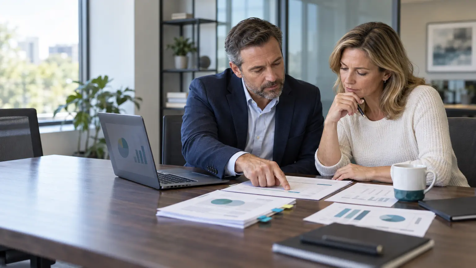 A business owner and independent IT advisor reviewing a technology proposal