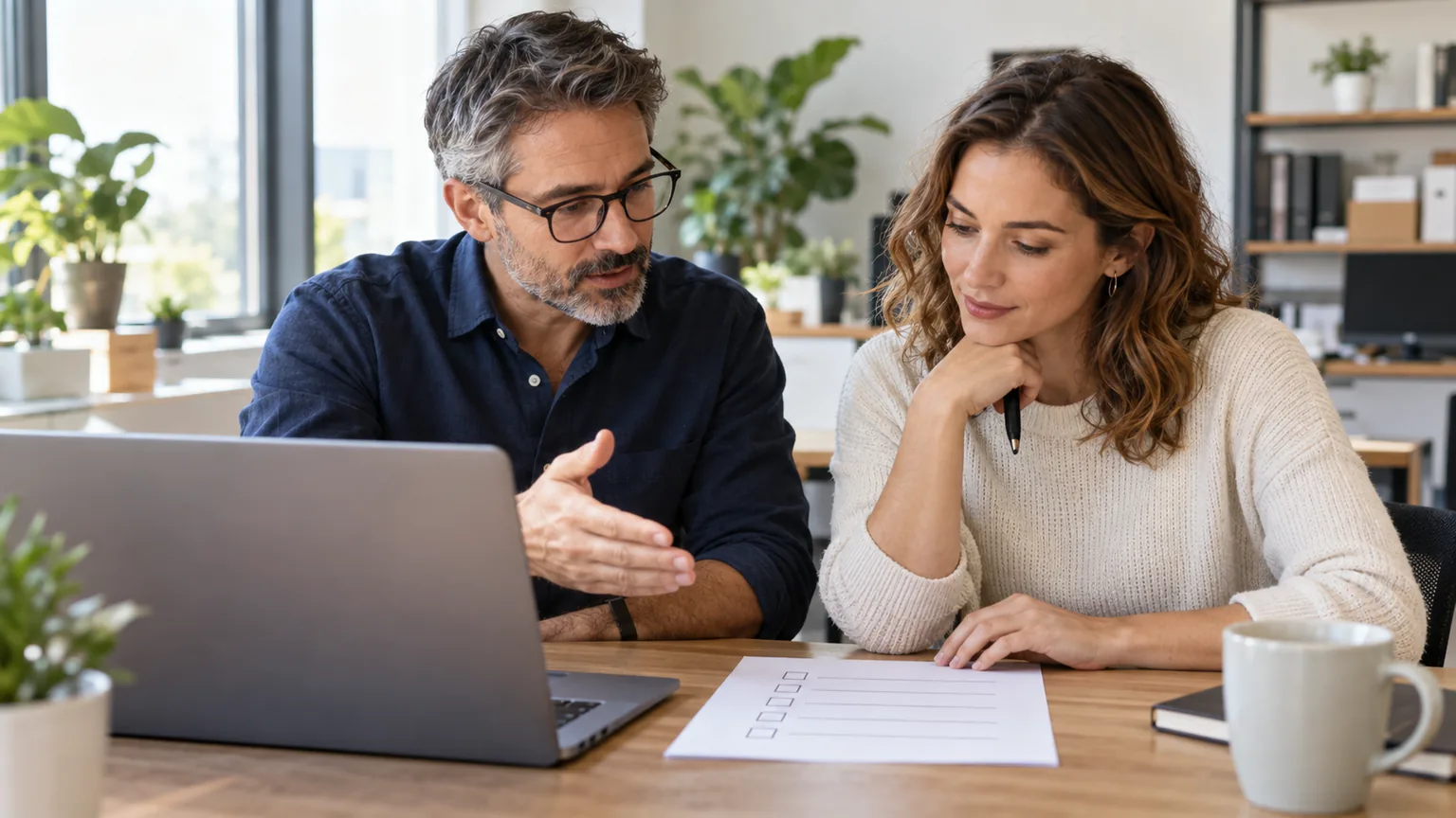 A business owner and IT advisor calmly reviewing an incident-response checklist beside a laptop